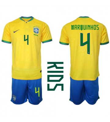 Brazylia Marquinhos #4 Koszulka Podstawowych Dziecięca MŚ 2022 Krótki Rękaw (+ Krótkie spodenki)